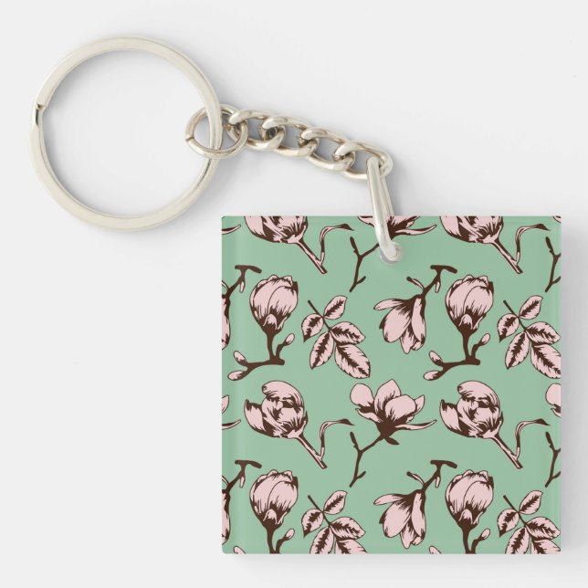 Seamless pattern with spring tree flower buds keychain (Front)