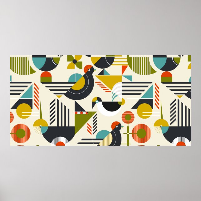 Seamless pattern with stylized birds in retro bauh poster (Front)