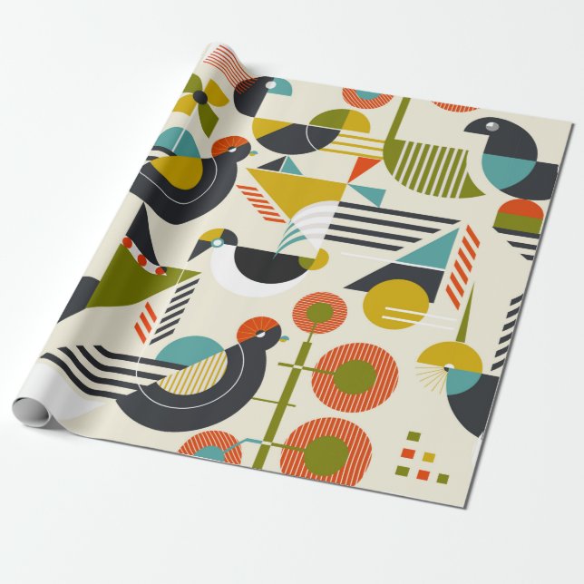Seamless pattern with stylized birds in retro bauh wrapping paper (Unrolled)