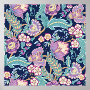 Seamless pattern with stylized ornamental flowers poster