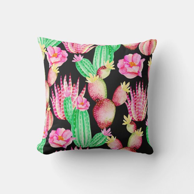 Seamless pattern with succulents. Watercolor cactu Throw Pillow (Front)