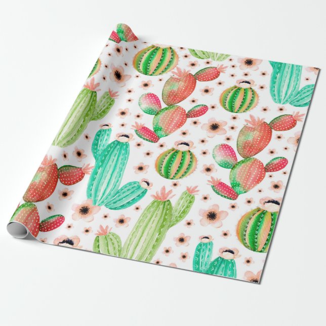 Seamless pattern with succulents. Watercolor cactu Wrapping Paper (Unrolled)