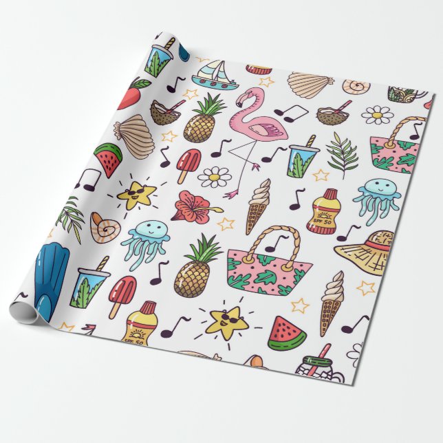 Seamless pattern with summer elements. illustratio wrapping paper (Unrolled)