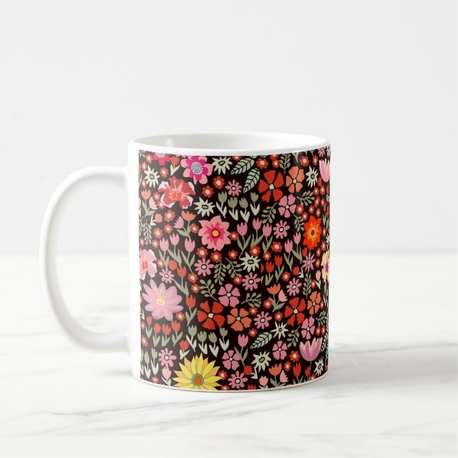 Seamless pattern with sunflowers asters tulips coffee mug (Left)