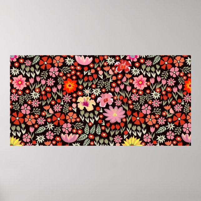 Seamless pattern with sunflowers asters tulips poster (Front)