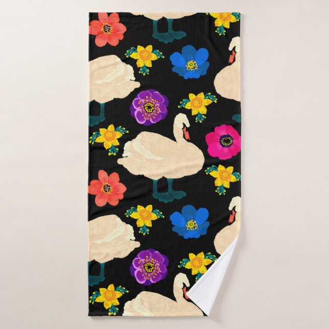 Seamless pattern with swans and flowers, hand draw bath towel (Bath Towel)
