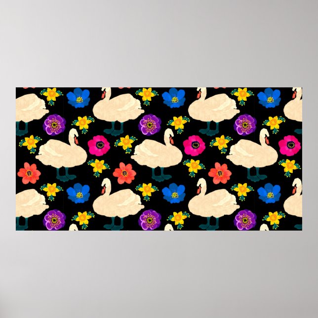 Seamless pattern with swans and flowers, hand draw poster (Front)