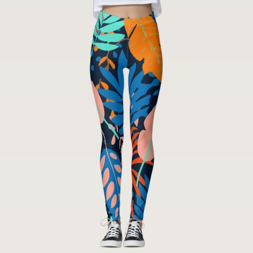 Seamless Pattern With Tropical Blue Leaves Dark Leggings