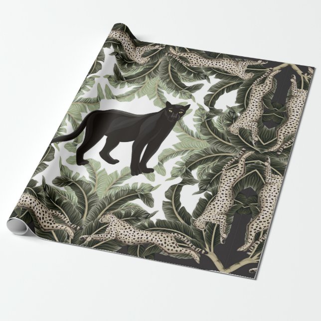 Seamless pattern with tropical leaves and animals wrapping paper (Unrolled)