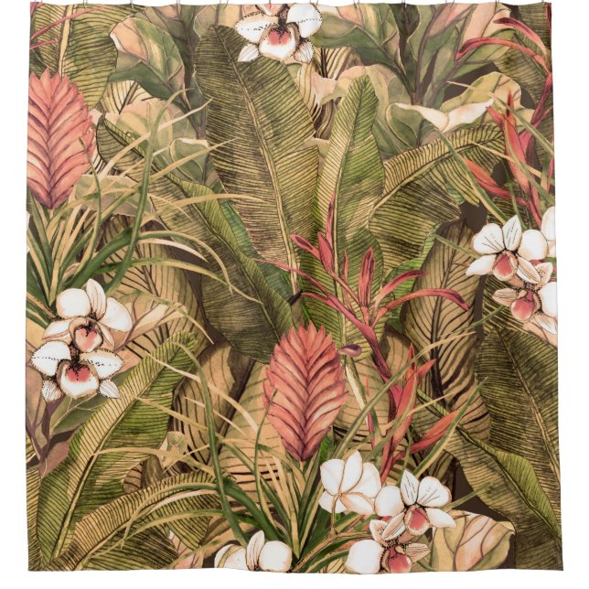 Seamless pattern with tropical leaves and flowers. shower curtain (Front)