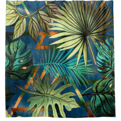 Seamless pattern with tropical leaves and geometri shower curtain