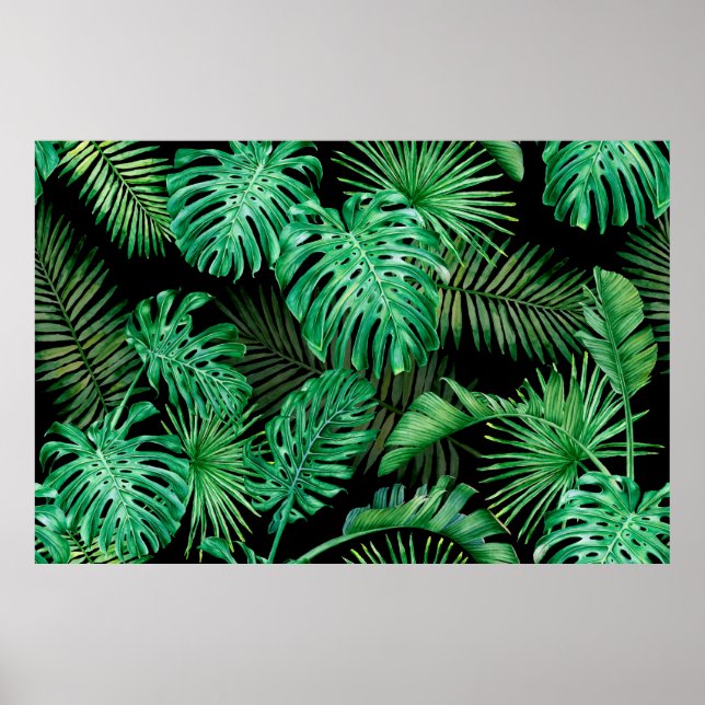 Seamless pattern with tropical leaves on a dark ba poster (Front)