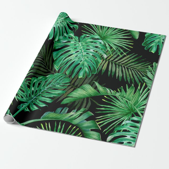 Seamless pattern with tropical leaves on a dark ba wrapping paper (Unrolled)