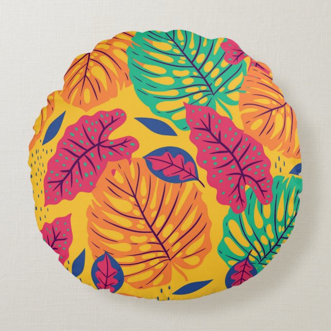 Seamless pattern with tropical leaves on yellow ba round pillow (Front)