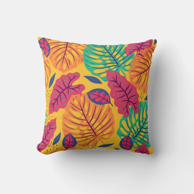Seamless pattern with tropical leaves on yellow ba throw pillow (Front)