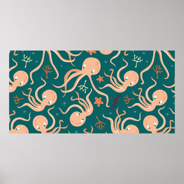 Seamless pattern with underwater ocean animals, cu poster (Front)