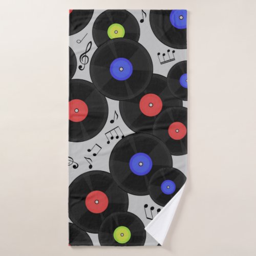 Seamless pattern with vinyl records and notes  bath towel