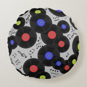 Seamless pattern with vinyl records and notes. round pillow