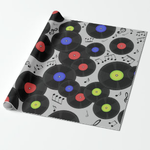 Seamless pattern with vinyl records and notes. wrapping paper