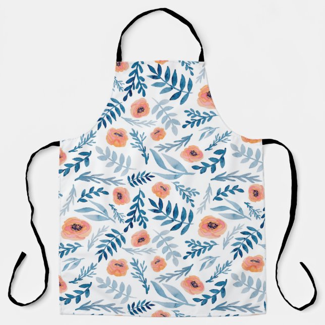 Seamless pattern with watercolor roses and blue le apron (Front)