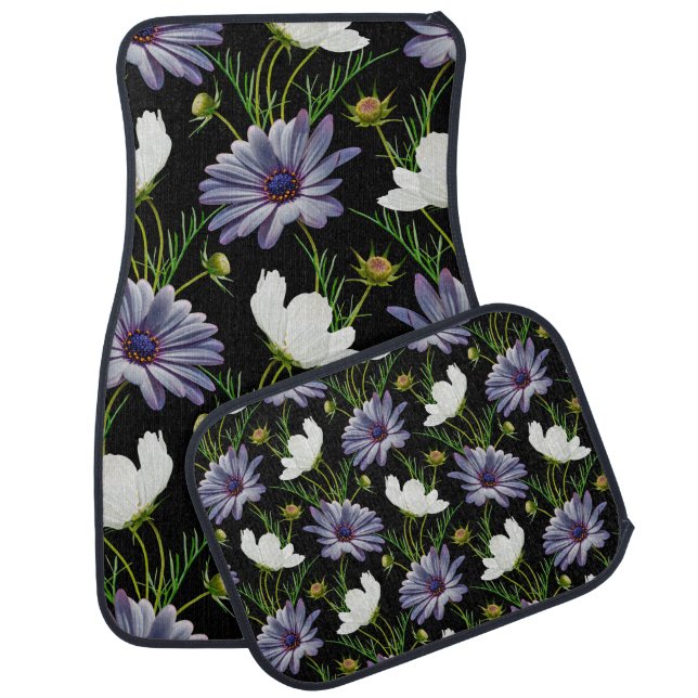 Seamless pattern with white cosmos and blue daisy  car floor mat (Set)