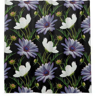 Seamless pattern with white cosmos and blue daisy shower curtain