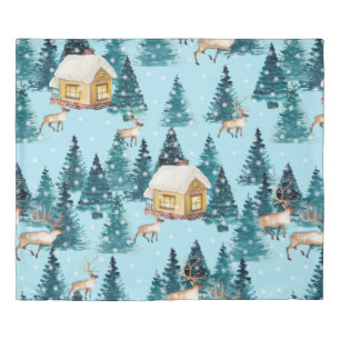 Seamless pattern with winter village in the forest duvet cover