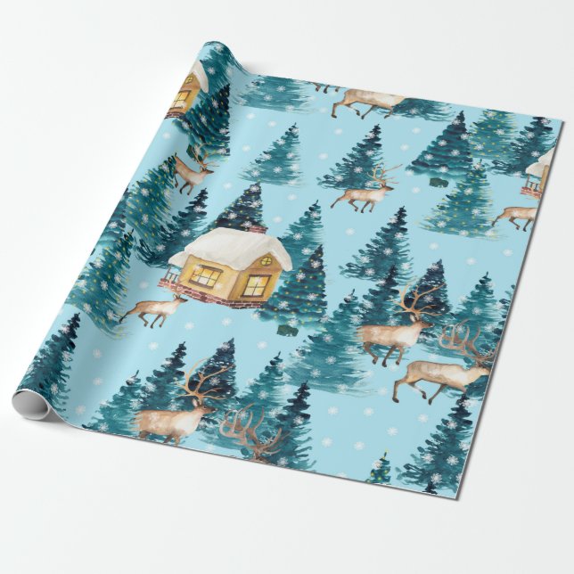 Seamless pattern with winter village in the forest wrapping paper (Unrolled)