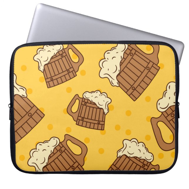 Seamless Pattern with Wooden Foam Beer Mugsbeer, p Laptop Sleeve (Front)