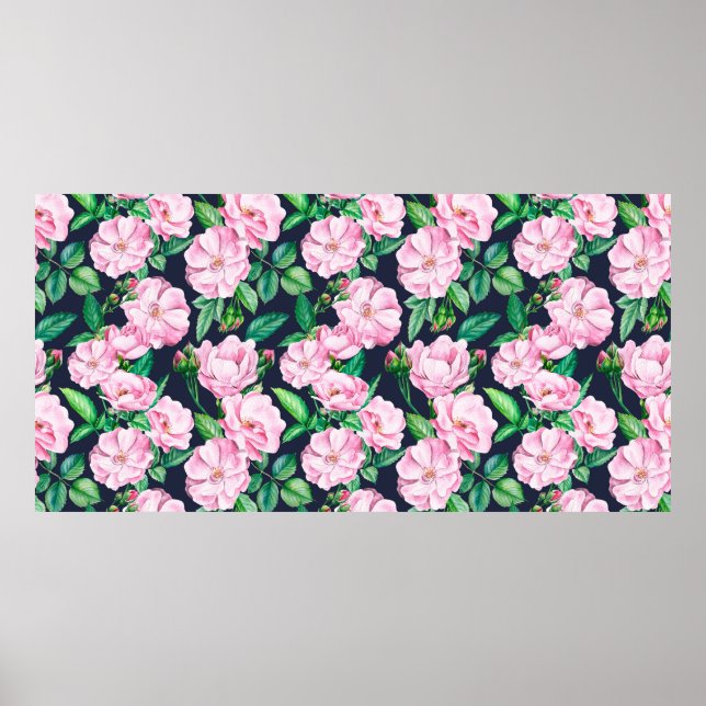 Seamless patterns of branches of roses, buds and l poster (Front)