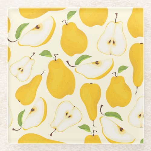 Seamless Pear Whole  Sliced Pattern Glass Coaster