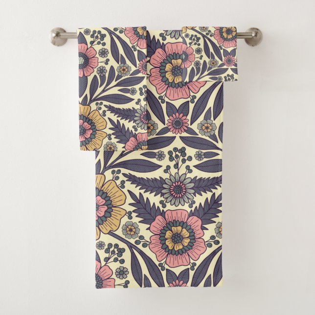 Seamless Pink & Blue Floral Pattern Bath Towel Set (Insitu)