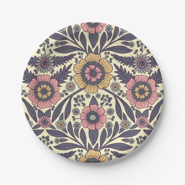 Seamless Pink & Blue Floral Pattern Paper Plates (Front)