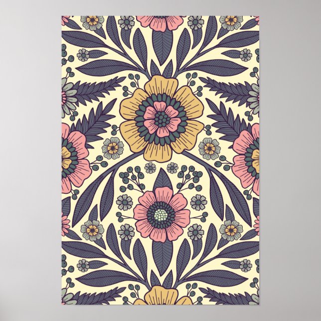 Seamless Pink & Blue Floral Pattern Poster (Front)