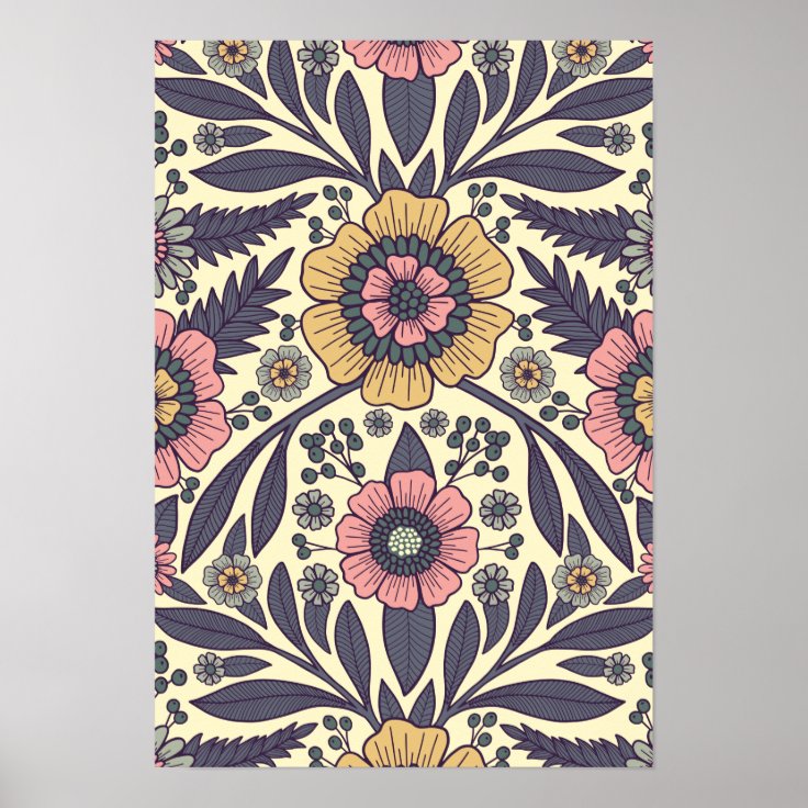 Seamless Pink & Blue Floral Pattern Poster Zazzle