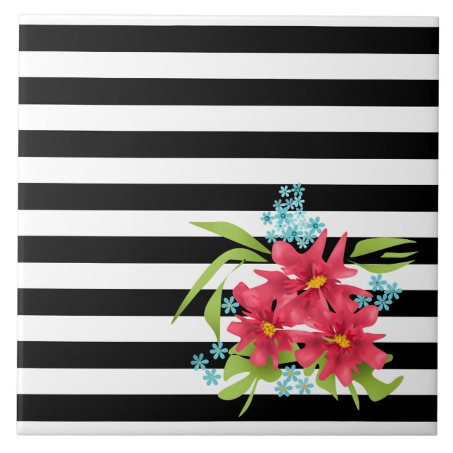 Seamless pink flowers floral black white striped l ceramic tile (Front)