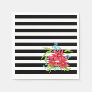 Seamless pink flowers floral black white striped l napkins