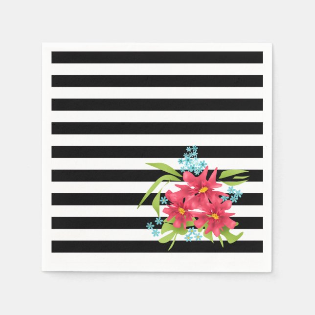 Seamless pink flowers floral black white striped l napkins (Front)