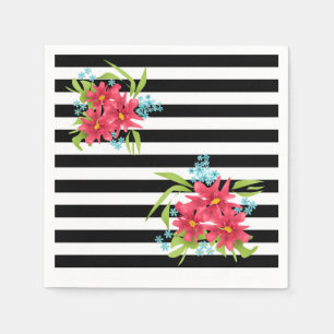 Seamless pink flowers floral black white striped l napkins