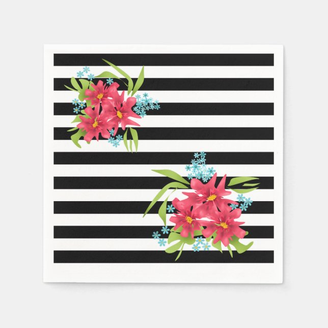 Seamless pink flowers floral black white striped l napkins (Front)