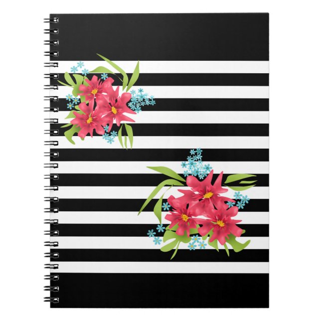 Seamless pink flowers floral black white striped l notebook (Front)