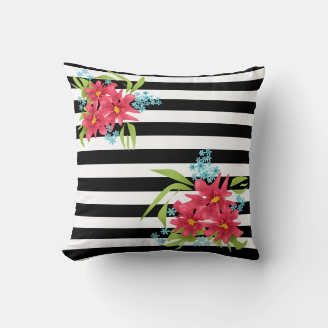 Seamless pink flowers floral black white striped l throw pillow (Front)