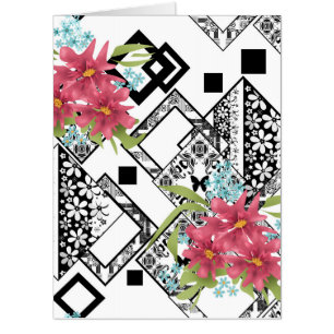 Seamless pink flowers floral ornamental black whit card