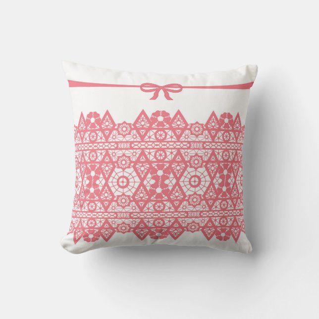 Seamless pink lacy lace romantic bow white pattern throw pillow (Front)