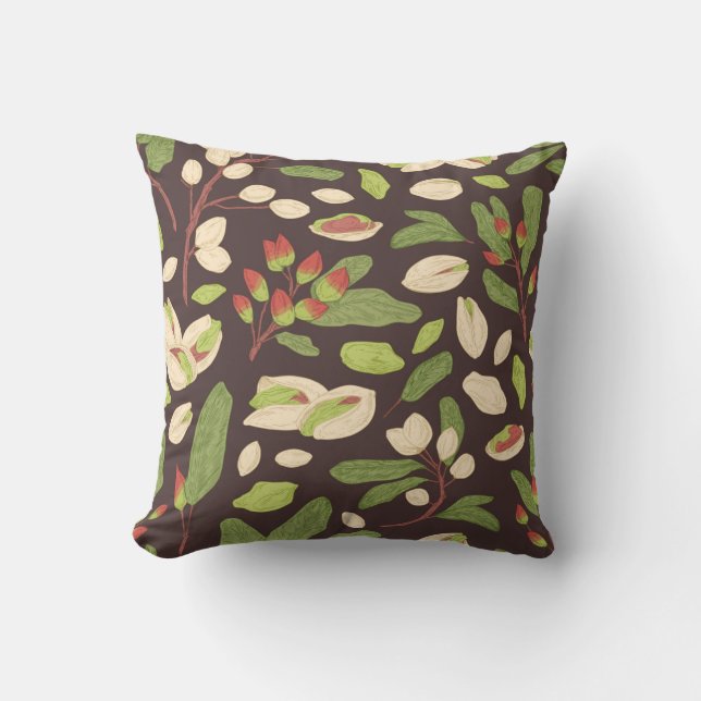 Seamless pistachio pattern with nuts, shells, bran throw pillow (Front)