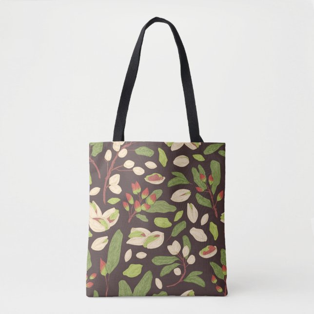 Seamless pistachio pattern with nuts, shells, bran tote bag (Front)