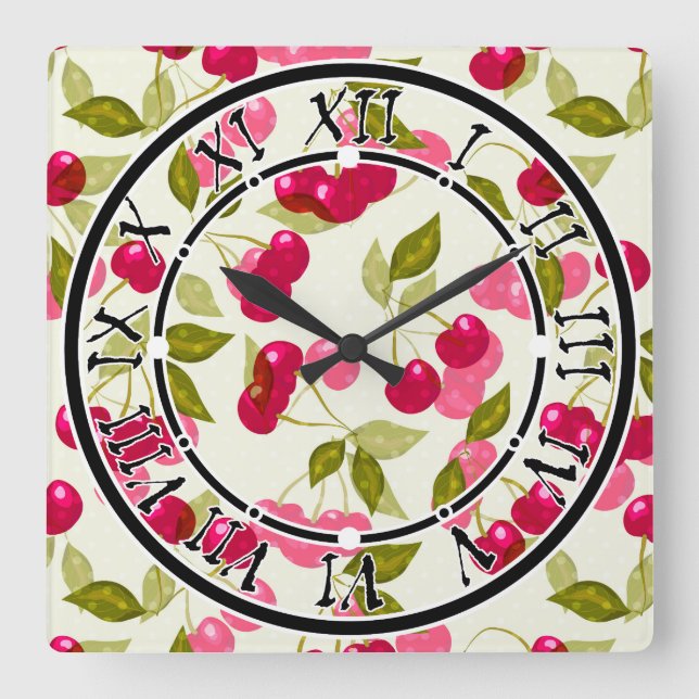 Seamless red cartoon cherry berry cute pattern whi square wall clock (Front)