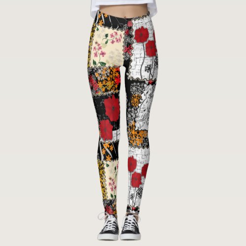 Seamless retro vintage patchwork quilting patches leggings