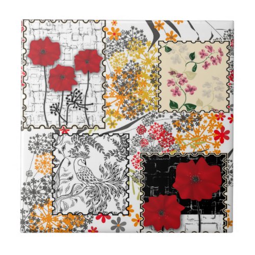 Seamless retro vintage patchwork quilting poppies ceramic tile