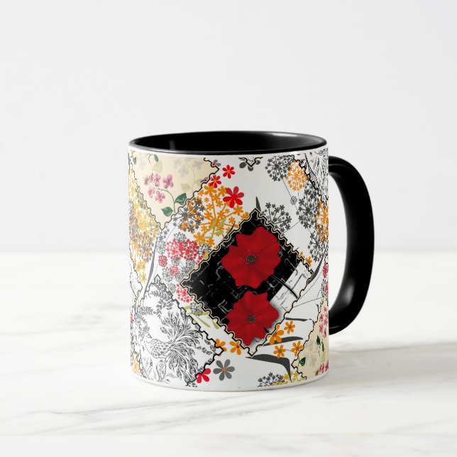 Seamless retro vintage patchwork quilting poppies  mug (Front Right)